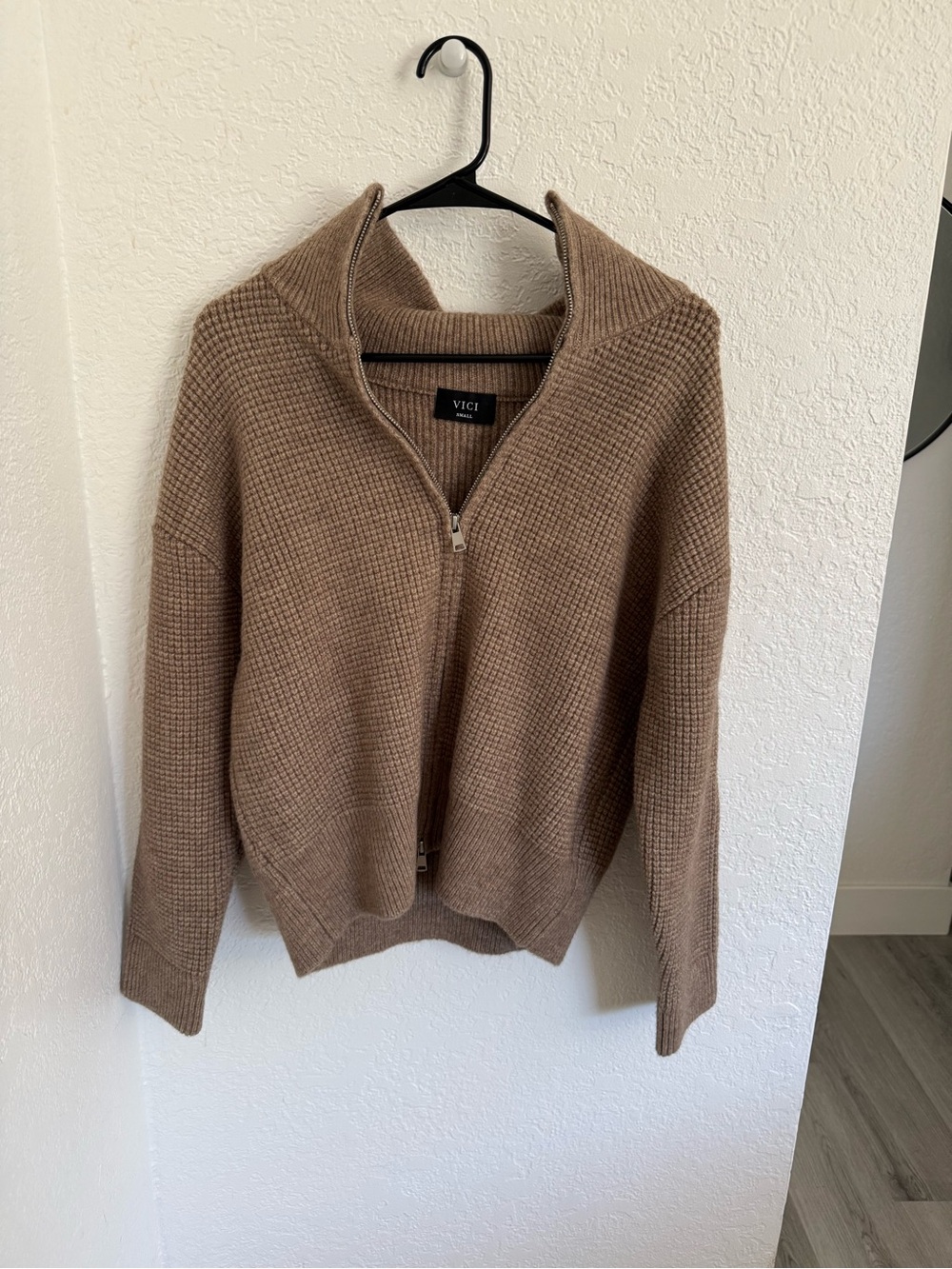 Vici Brown Half-Zip Textured Knit Jacket